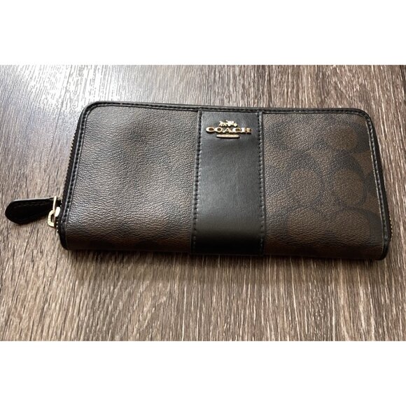 Coach Long Zip Around Wallet In Signature Canvas Brown Black Gold Tone Hardware - Picture 9 of 16